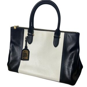 NWT Lauren Ralph Lauren Newbury SP DB Zip Satchel Bag Black White Leather